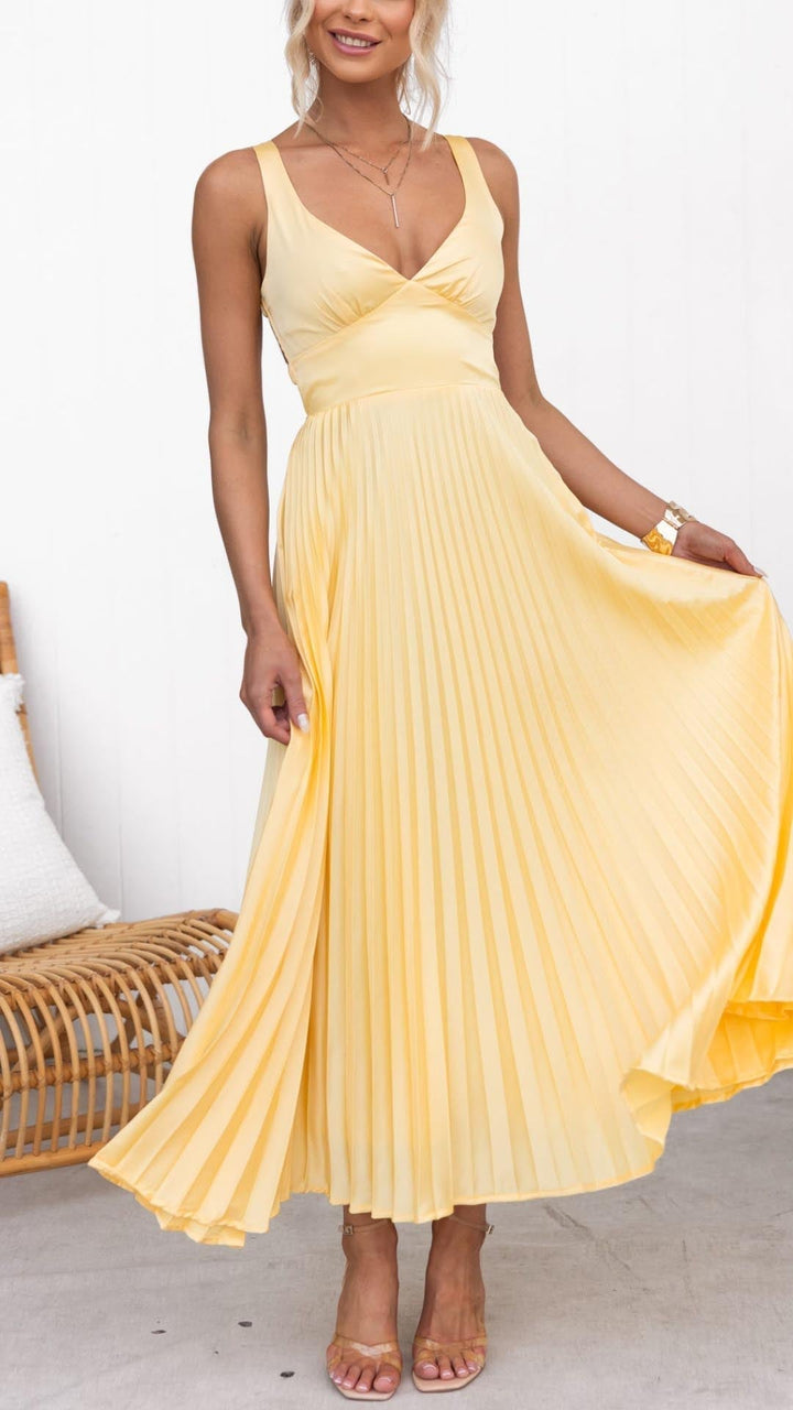 Lucienne™ | Robe Longue Plissée Jaune – Légère, Lumineuse & Élégante
