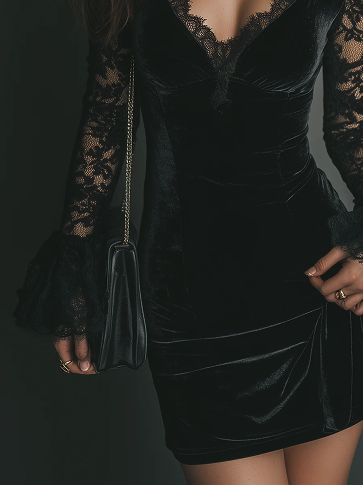 ParisPeak™ | Robe Mini en Velours avec Dentelle