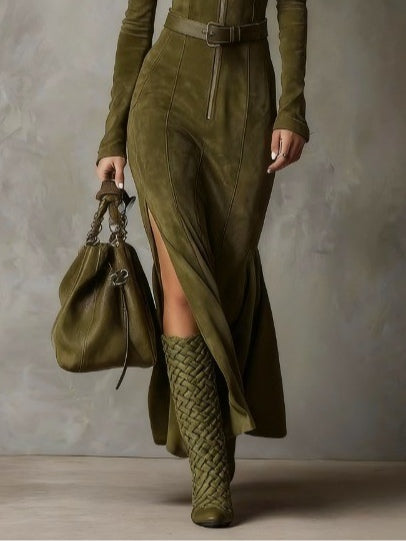 ParisPeak™ | Robe Longue Effet Daim avec Zip & Fente